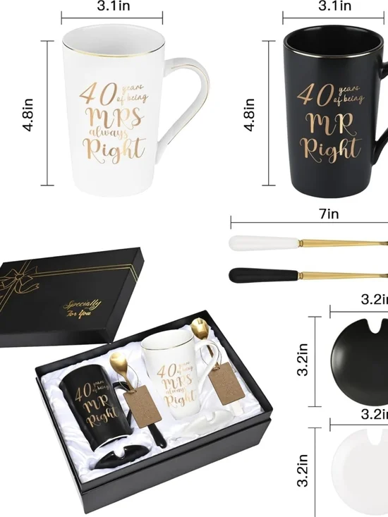 40th Anniversary Coffee Mug Set - Black & White with Gold Script - Picture 6 of 7